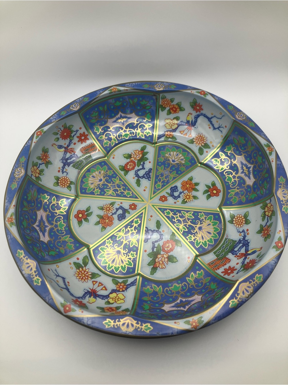 Vintage Decorative Blue and Green Floral Tin Bowl